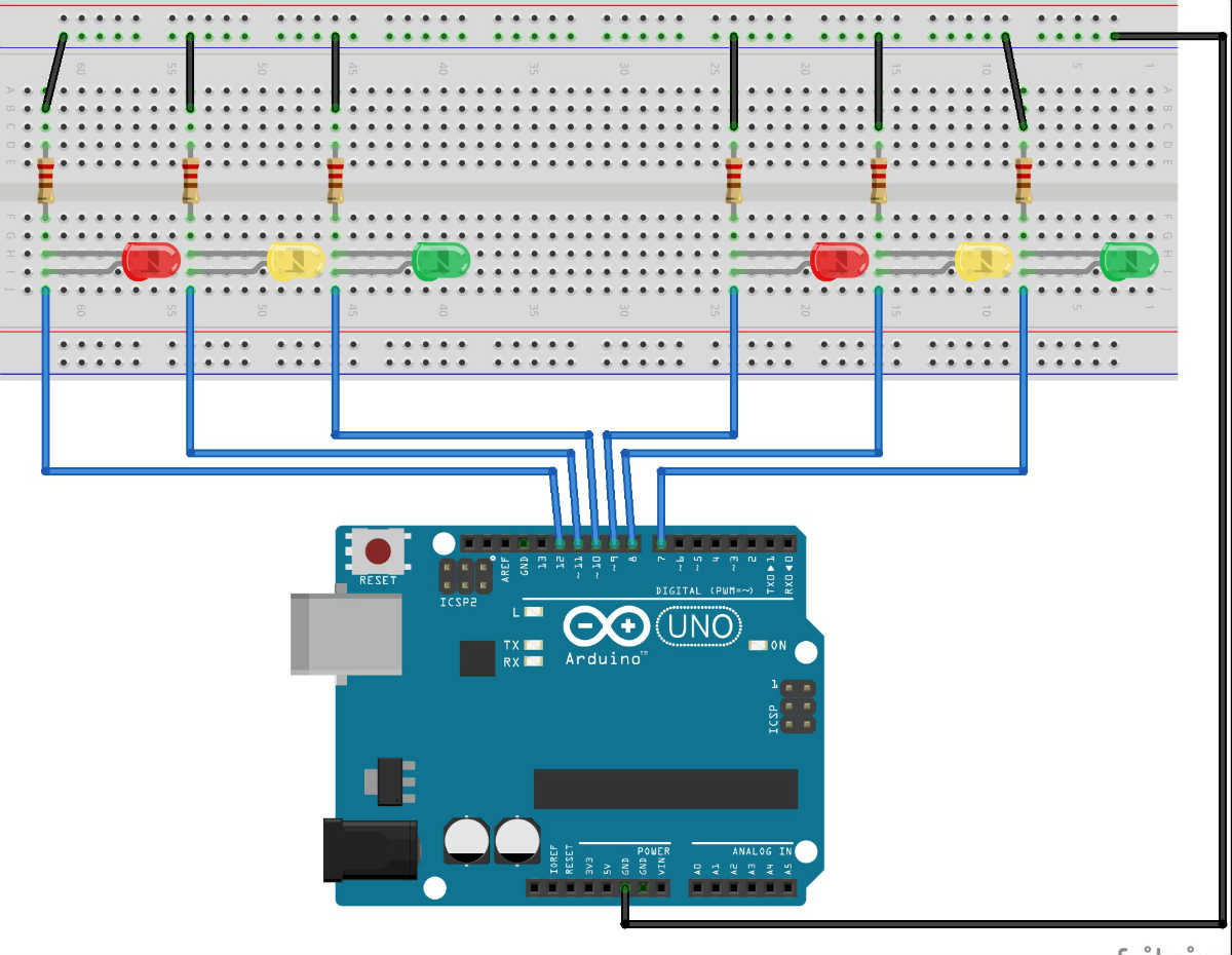 урок 1 создание на базе Arduino двух светофоров